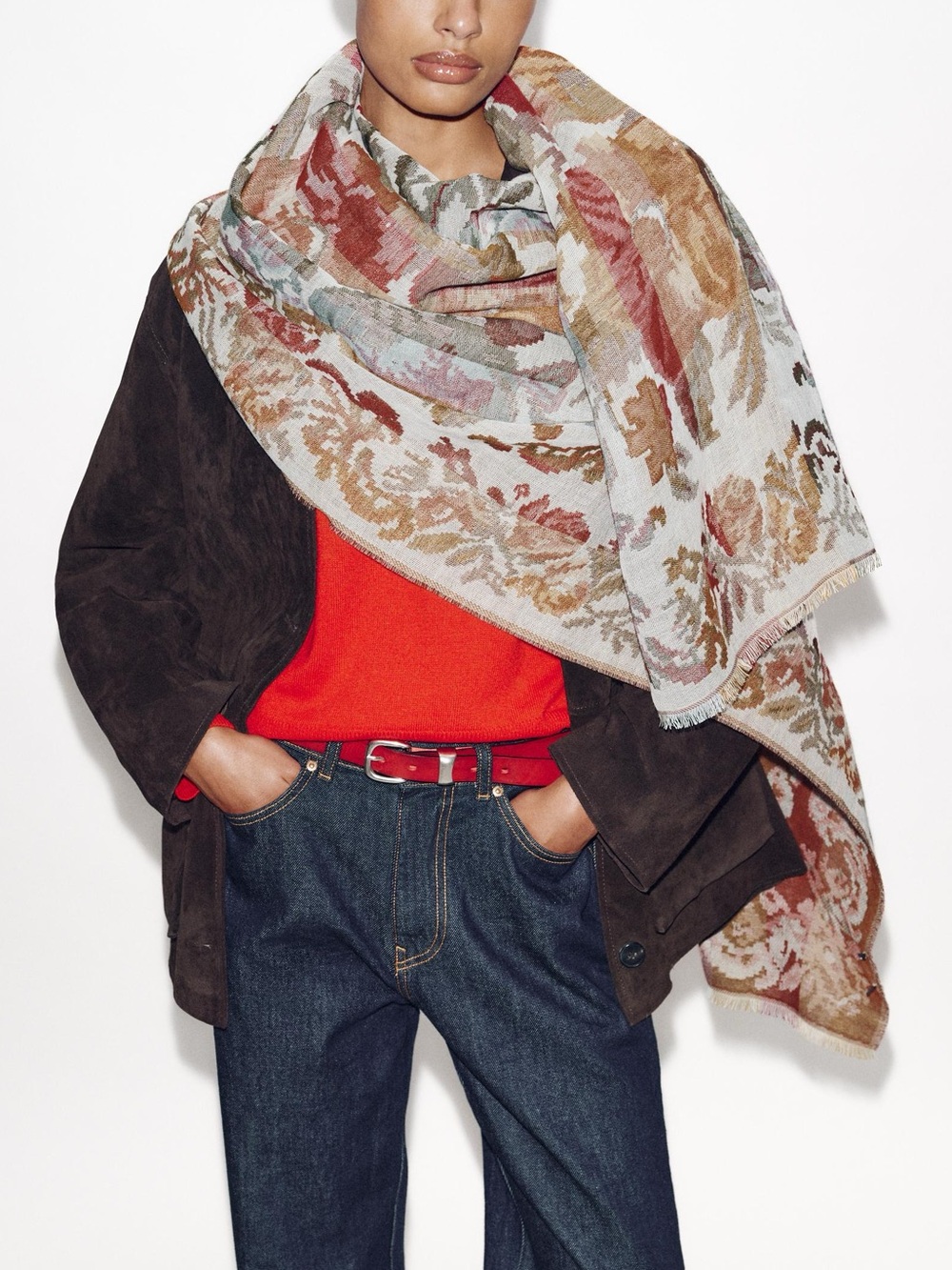 Zara Ecru Jacquard Wool Blend Floral Print Scarf. Brand new!